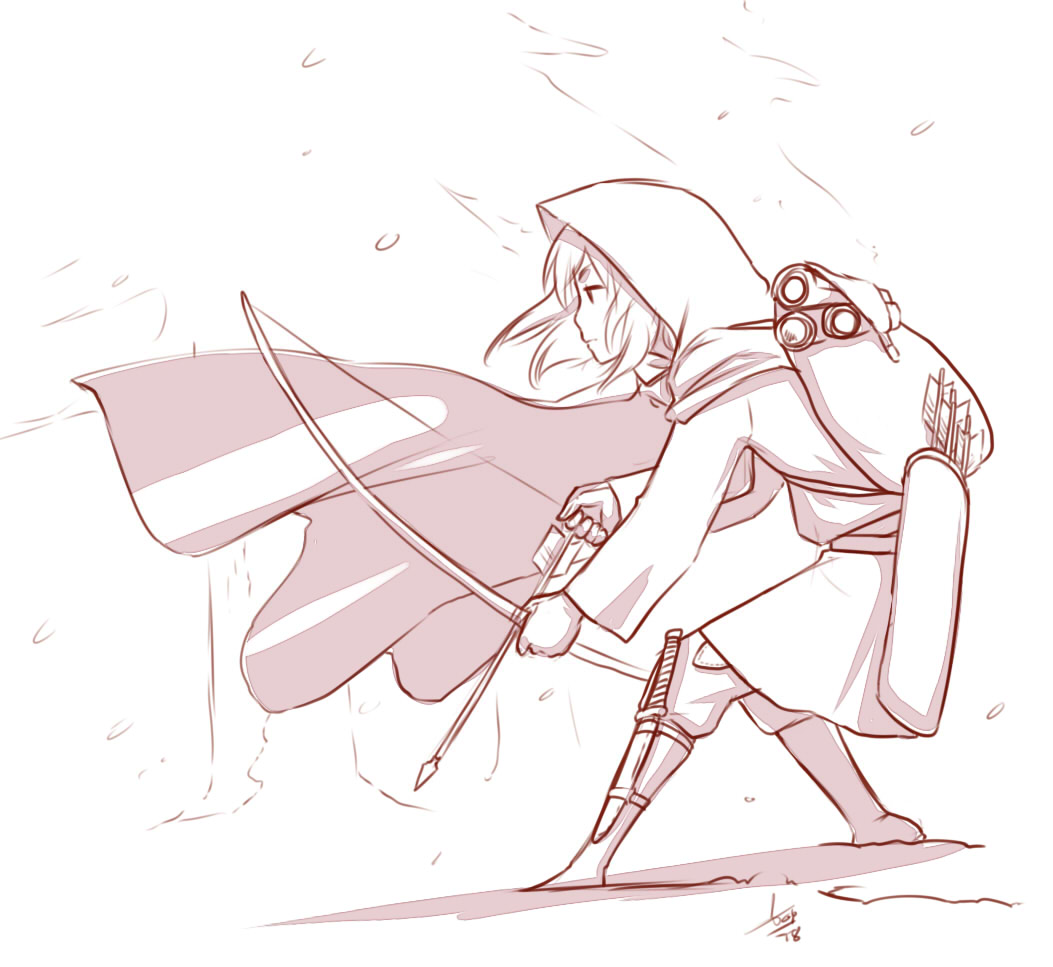 Ila in winter gear with a bow and arrow in the snow